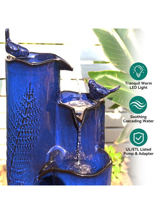 Autodaya 32" H Ceramic Outdoor Water Fountain with LED Lights, 4-Tier Vase Outdoor Fountain, Cobalt Blue Glaze, Embossed Fern Pattern, Cascading Waterfall for Tranquil Garden, Patio, or Porch - Image 5