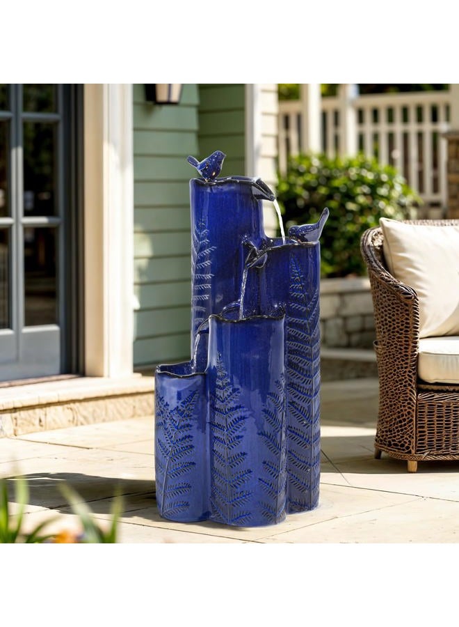 Autodaya 32" H Ceramic Outdoor Water Fountain with LED Lights, 4-Tier Vase Outdoor Fountain, Cobalt Blue Glaze, Embossed Fern Pattern, Cascading Waterfall for Tranquil Garden, Patio, or Porch - Image 3