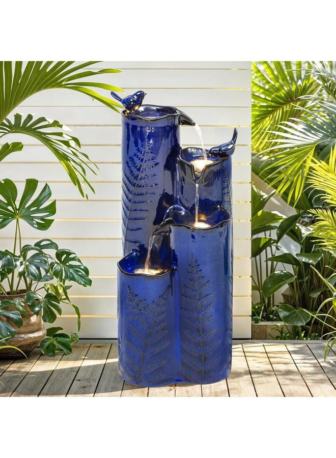 Autodaya 32" H Ceramic Outdoor Water Fountain with LED Lights, 4-Tier Vase Outdoor Fountain, Cobalt Blue Glaze, Embossed Fern Pattern, Cascading Waterfall for Tranquil Garden, Patio, or Porch - Image 1