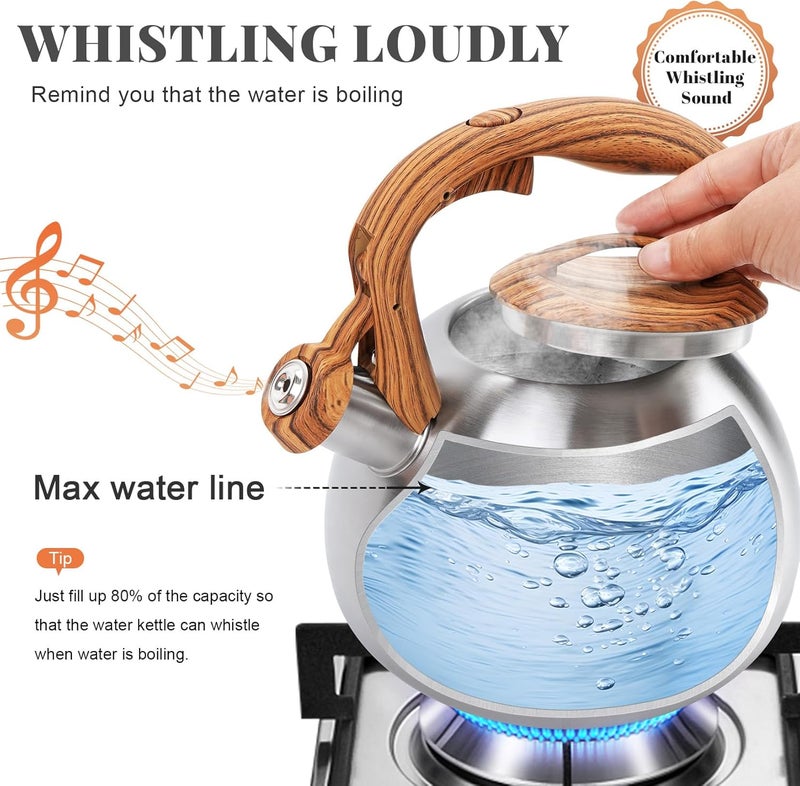 GGC Tea Kettle for Stove Top, 3.1QT/3L Whistling Tea Kettles for Boiling Water Coffee or Milk, Stainless Steel kettle Pot with Wood Parttern Handle for Home and Kitchen - Image 4