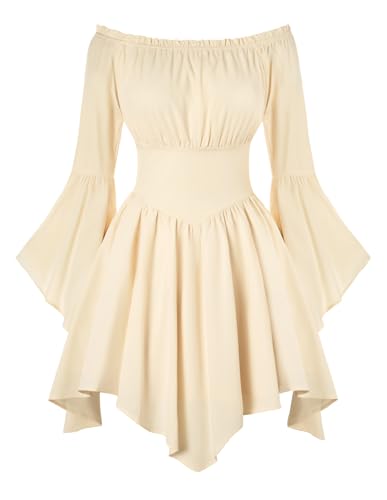 Scarlet Darkness Renaissance Costume Women Pirate Off Shoulder Bell Sleeve Fairy Dress Apricot S - Image 1
