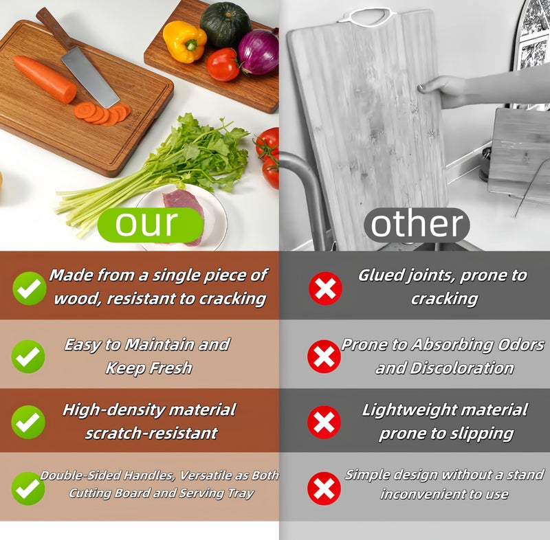 Relxinke Solid Teak Wood Cutting Board One Piece Non Glued Thick Crack Resistant Wooden Chopping Board with DeepJuice Grooves Built in Handles for Kitchen Meat Vegetables Chese 14 X 9.5 Inch - Image 4