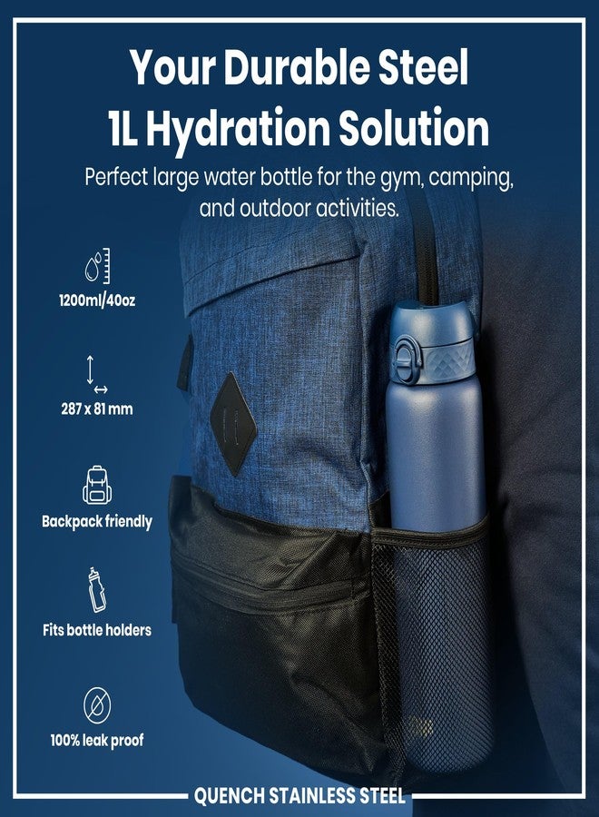Ion8 1 Litre Stainless Steel Water Bottle, Leak Proof, Easy to Open, Secure Lock, Dishwasher Safe, Carry Handle, Flip Cover, Easy Clean, Durable, Scratch Resistant, 1200 ml/40 oz, Ash Navy Blue - Image 2