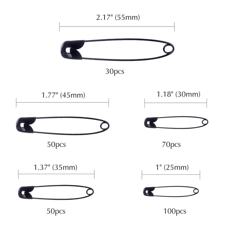 TUPARKA 5 Sizes Black Safety Pins Assorted 25-55mm Small and Large Safety Pins for Art Craft Sewing Jewelry Making in a PP Box (300 pcs) - Image 2