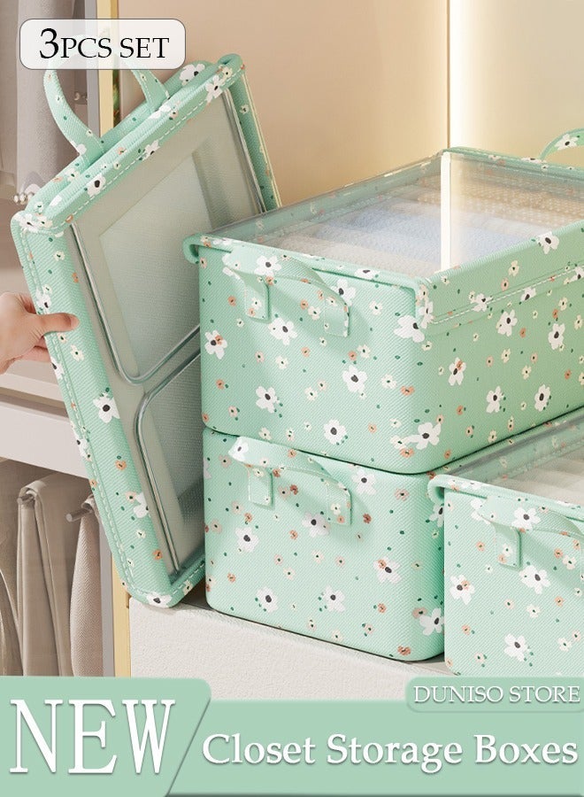 DUNISO 3 Pieces Foldable Closet Storage Organizer with Lids Washable Closet Storage Box with Carrying Handles Cube Storage Bin for Clothes Wardrobe Home Bedroom Office - Image 1