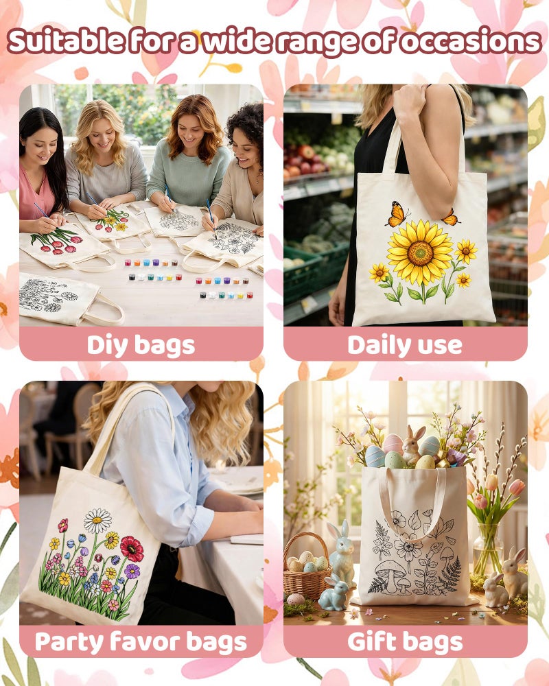 Cosblank 12 Pack DIY Floral Canvas Tote Bags Set with Paints Brushes Color Your Own Flower Craft Kit Reusable Handbags for Art Activities Parties Painting Gifts - Image 3