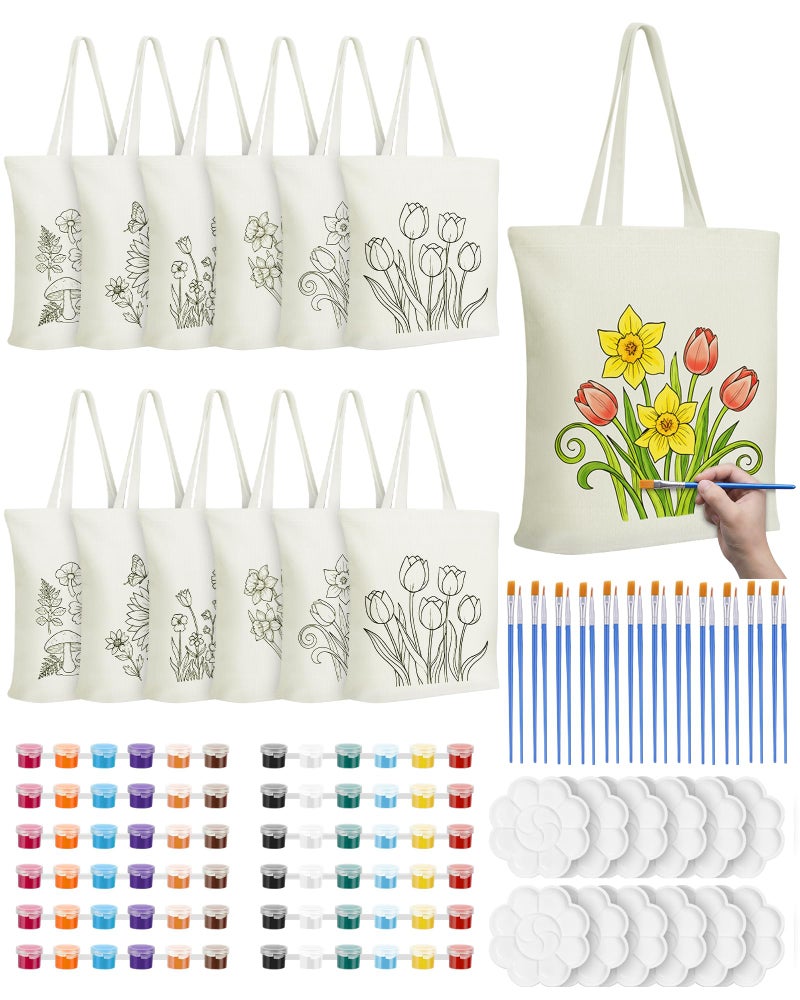 Cosblank 12 Pack DIY Floral Canvas Tote Bags Set with Paints Brushes Color Your Own Flower Craft Kit Reusable Handbags for Art Activities Parties Painting Gifts - Image 1