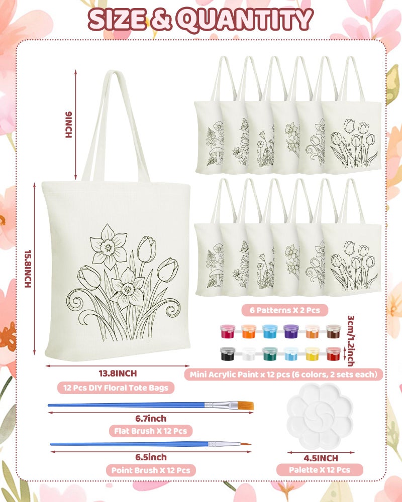 Cosblank 12 Pack DIY Floral Canvas Tote Bags Set with Paints Brushes Color Your Own Flower Craft Kit Reusable Handbags for Art Activities Parties Painting Gifts - Image 2
