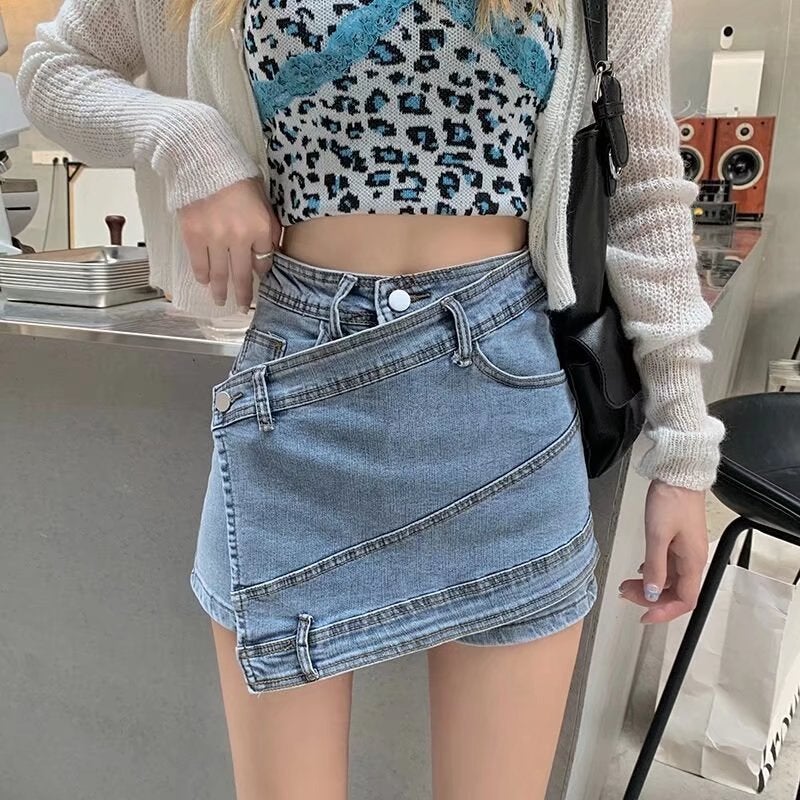 Pink Denim short skirt womens summer A- line skirt design sense fried street slimming hot girl high waist culottes ins fashion Pink - Image 4