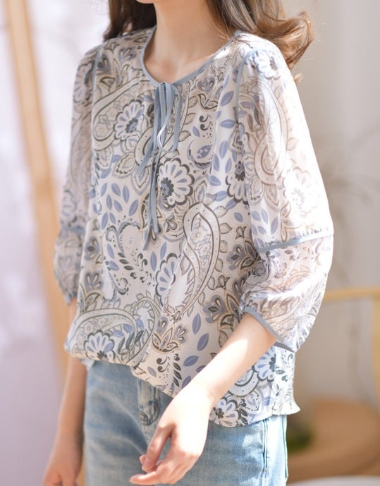 Elegant Lace-Up Silk Shirt Womens 2024 New Spring Wear Vintage Cashew Printed Top Chic Small Shirt High-Level Sense Picture Color