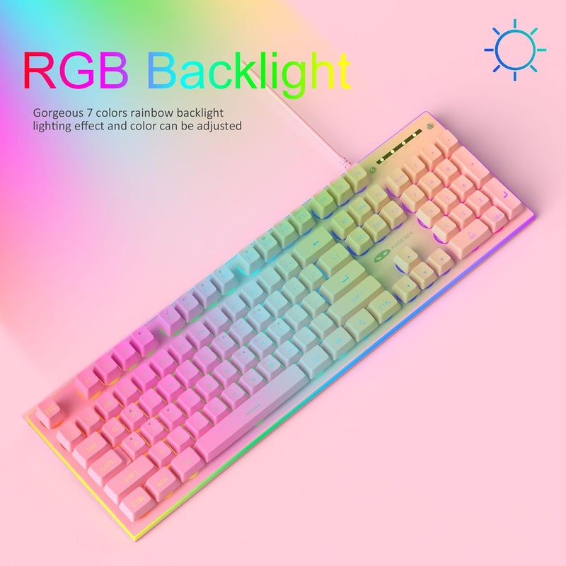 مايجغي مجموعة لوحة المفاتيح والفأرة للألعاب GT838، 104 مفتاحًا مع إضاءة خلفية RGB، لوحة مفاتيح سلكية هادئة لأجهزة الكمبيوتر المحمولة وأجهزة MAC، مع لوحة أرقام، لوحة معدنية، مقاومة للظلال، وردي - Image 2