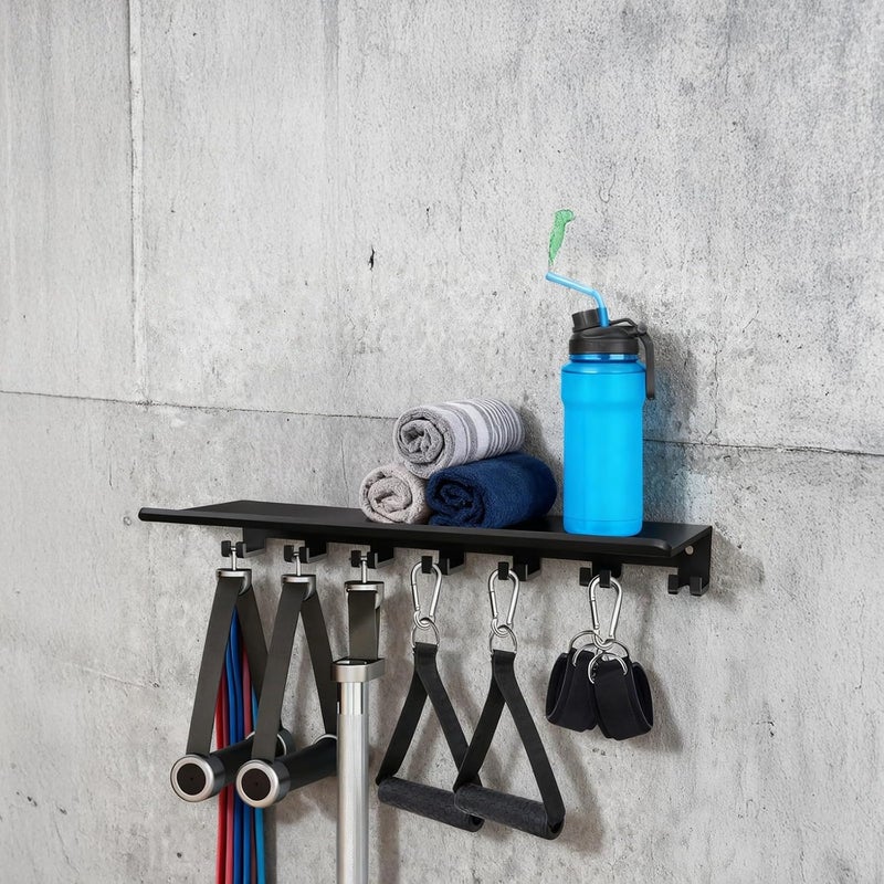 YHomU 7-Hook Home Gym Floating Shelf, 15 x 6.2 in Metal Rack, Wall Mounted Weight Equipment Holder, Super Load Bearing - Image 4