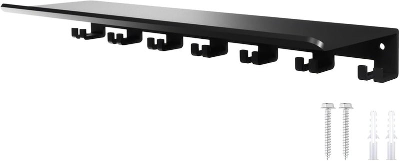 YHomU 7-Hook Home Gym Floating Shelf, 15 x 6.2 in Metal Rack, Wall Mounted Weight Equipment Holder, Super Load Bearing - Image 1