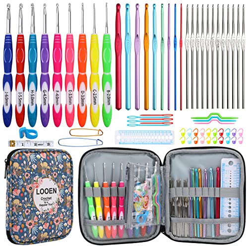 LOOEN New Set Crochet Hooks Set 62pcs Crochet Kit, 9pcs Rubber Handles Hook 2.0MM-6MM and 9pcs Aluminum Hooks Hook 12pcs Lace Hooks Comfort Grip for Arthritic Hands-Accessories Included (A - Blue) - Image 1