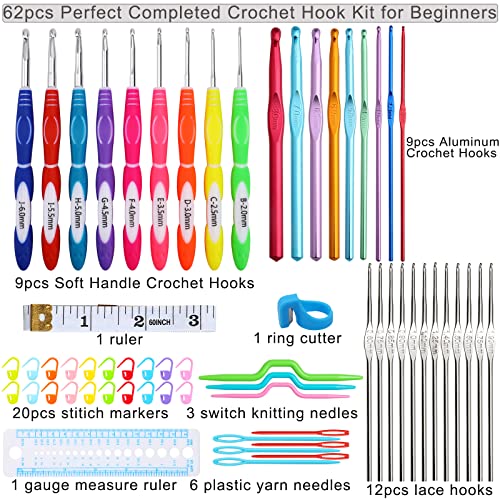 LOOEN New Set Crochet Hooks Set 62pcs Crochet Kit, 9pcs Rubber Handles Hook 2.0MM-6MM and 9pcs Aluminum Hooks Hook 12pcs Lace Hooks Comfort Grip for Arthritic Hands-Accessories Included (A - Blue) - Image 2