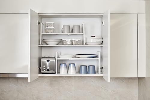 Nxconsu Cabinet Shelf Expandable Height Adjustable Organizer Riser for Kitchen Cabinet Pantry Cupboard Under Sink Countertop Organization Storage Space Saver Stackable Heavy Duty Metal White - Image 5