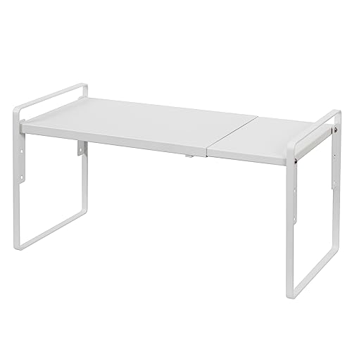 Nxconsu Cabinet Shelf Expandable Height Adjustable Organizer Riser for Kitchen Cabinet Pantry Cupboard Under Sink Countertop Organization Storage Space Saver Stackable Heavy Duty Metal White - Image 1