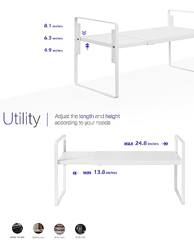 Nxconsu Cabinet Shelf Expandable Height Adjustable Organizer Riser for Kitchen Cabinet Pantry Cupboard Under Sink Countertop Organization Storage Space Saver Stackable Heavy Duty Metal White - Image 3