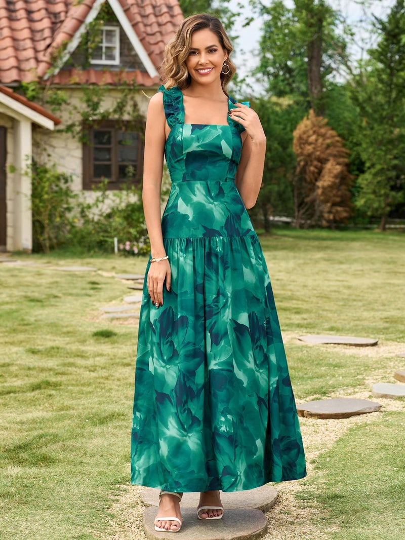 HTZMO Women Summer Floral Maxi Dresses 2026 Casual Ruffle A Line Flowy Wedding Guest Boho Beach Vacation Long Sundress GreenPrint M - Image 4