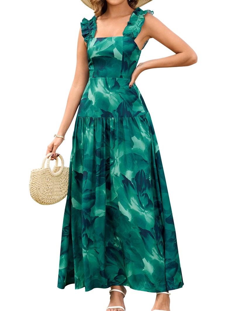 HTZMO Women Summer Floral Maxi Dresses 2026 Casual Ruffle A Line Flowy Wedding Guest Boho Beach Vacation Long Sundress GreenPrint M - Image 1