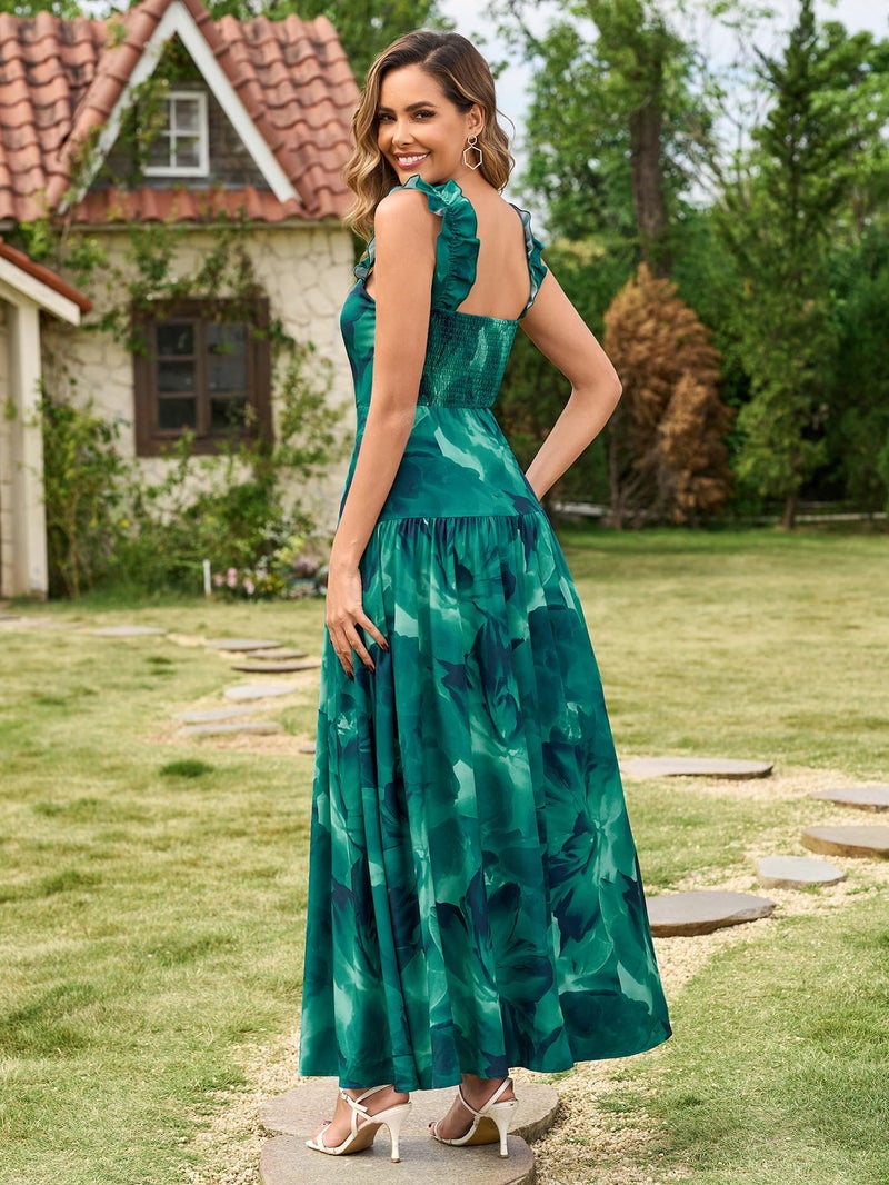 HTZMO Women Summer Floral Maxi Dresses 2026 Casual Ruffle A Line Flowy Wedding Guest Boho Beach Vacation Long Sundress GreenPrint M - Image 5