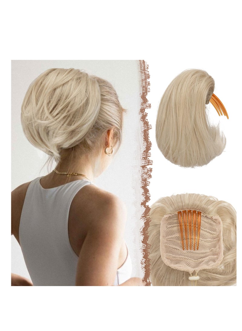 KASTWAVE Ponytail Bun, Claw Clip Short Ponytail Hair Extensions, Hair Bun Hairpiece, Pale Ash Blonde Hair Chignon, with Comb Clip Updo, Drawstring Bun, Hair Pieces Extension for Women - Image 1