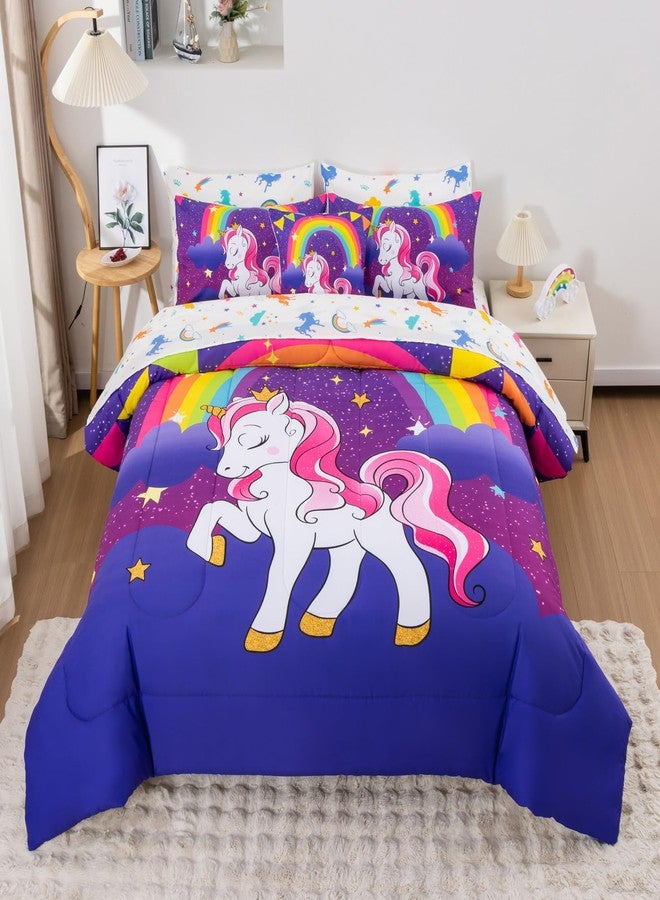 Keyroal Unicorn Twin Bedding Sets for Girls Kids Teens, 6 Piece Bed in a Bag Purple Rainbow Theme Unicorn Comforter Set Bedroom Decor with Printed Sheet Set - Image 1