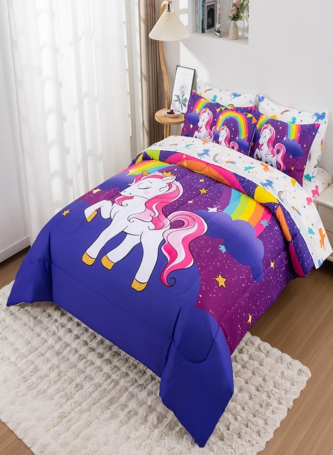 Keyroal Unicorn Twin Bedding Sets for Girls Kids Teens, 6 Piece Bed in a Bag Purple Rainbow Theme Unicorn Comforter Set Bedroom Decor with Printed Sheet Set - Image 2
