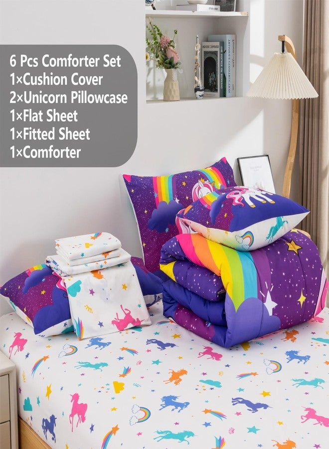 Keyroal Unicorn Twin Bedding Sets for Girls Kids Teens, 6 Piece Bed in a Bag Purple Rainbow Theme Unicorn Comforter Set Bedroom Decor with Printed Sheet Set - Image 4