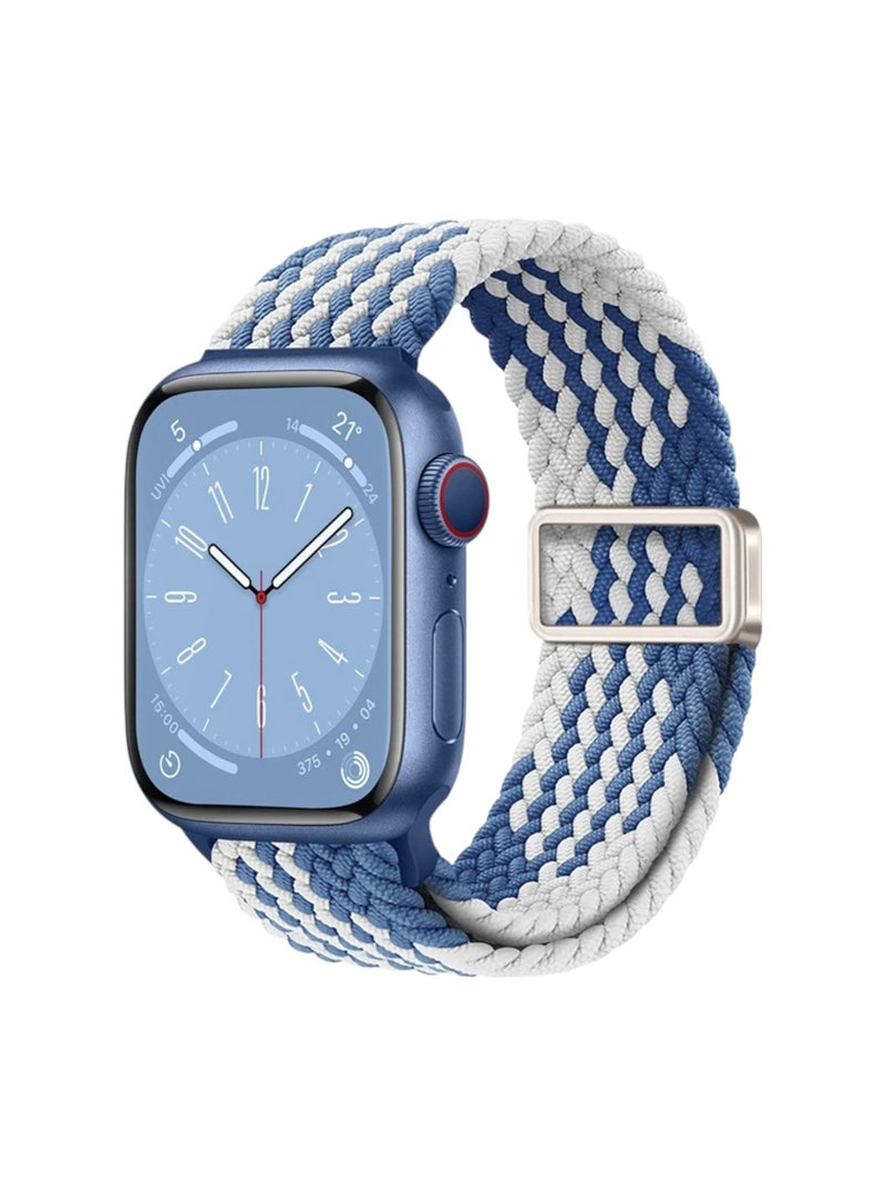 سوار Apple Watch مقاس 44/45/46/49 مم متوافق مع Series 3 إلى 11 / SE / Ultra - نايلون مضفّر مرن بمشبك مغناطيسي - أزرق وأبيض