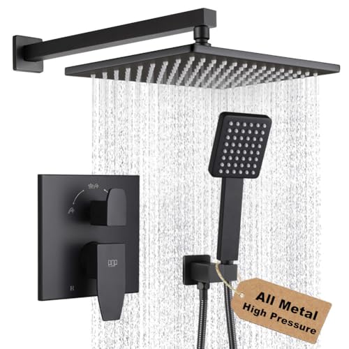 POP SANITARYWARE Matte Black Shower Faucet Set Rainfall 10 Inch Shower Head and Handle Set Bathroom Rain Shower System Wall Mounted Shower Fixture Include Shower Valve and Trim Kit - Image 1