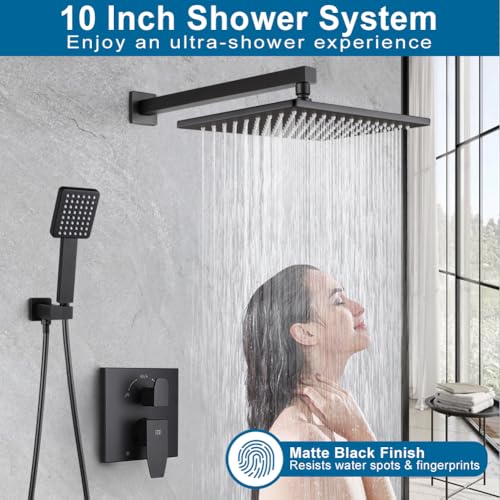 POP SANITARYWARE Matte Black Shower Faucet Set Rainfall 10 Inch Shower Head and Handle Set Bathroom Rain Shower System Wall Mounted Shower Fixture Include Shower Valve and Trim Kit - Image 2