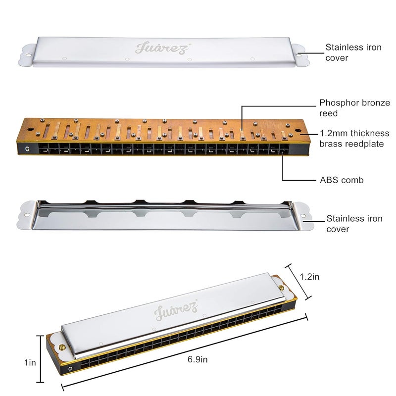 Juarez Viénto JRH24SL 24 Holes 48 Tones Professional Tremolo Polyphonic Harmonica Key of C Scale | Mouth Organ | Cover - Stainless Iron | Comb - Abs | Reed – Brass with Cloth & Case - Image 4