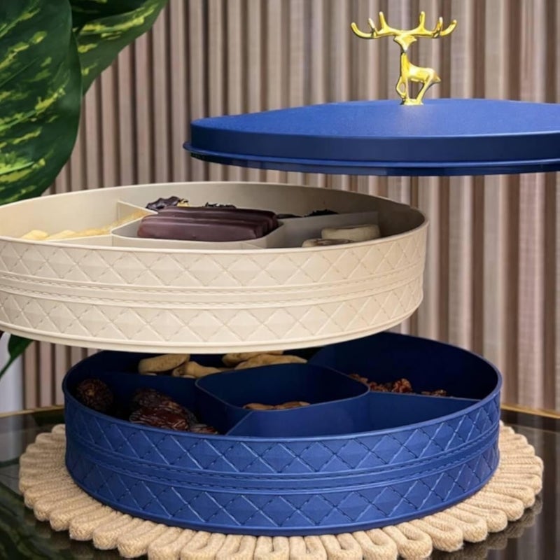 2-Tier Storage Container with Lid, Beige, Quilted Design with Gold Deer Accent, .nin