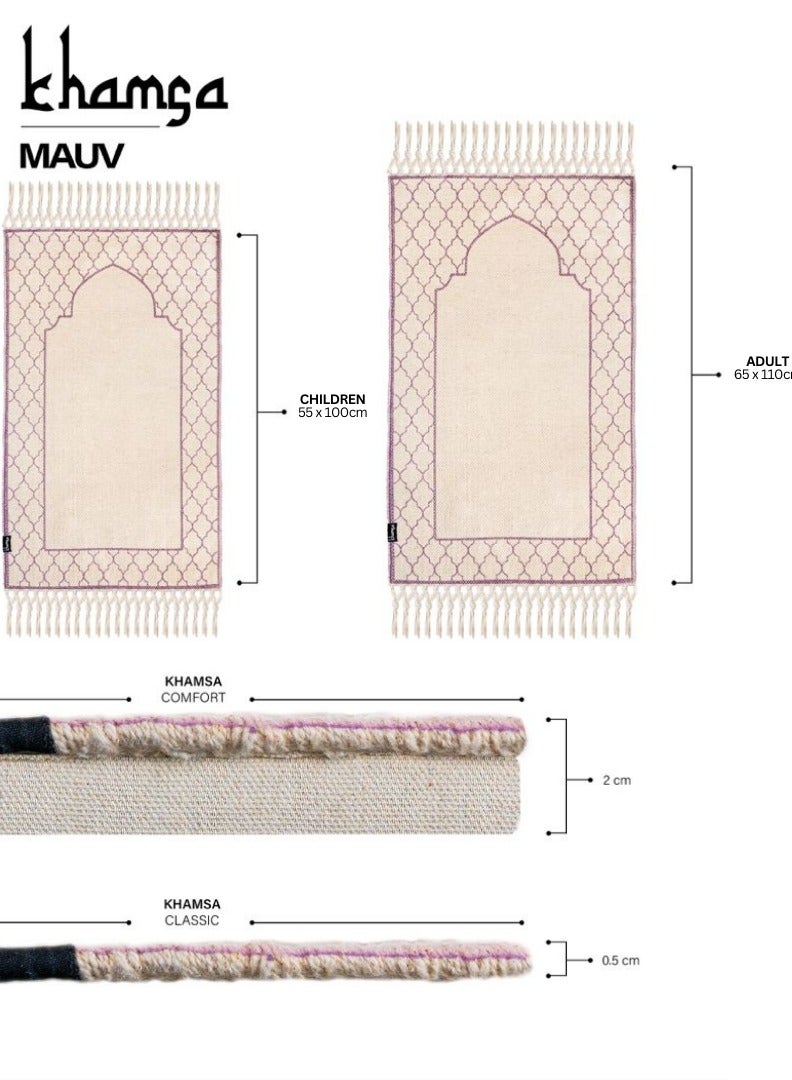 Khamsa Comfort | Muslim Prayer Rug Prayer Mat with Added Foam Padding for Pressure Relief and Motion Absorption Adult Size 65 cm x 110 cm Arabic Style Janamaz in 100% Soft Organic Cotton Fabric Handcrafted Arabic Design | Mauv - Lavender - Image 3