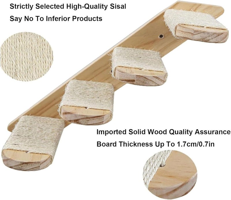 Naroote Cat Wall Shelves Sturdy Safe Solid Wood Kitten Climbing Shelf Space Saving Fun Stable Wall Mounted Four Step Cat Stairway with Hemp Rope Enhances Fun for Home Climb Play - Image 3