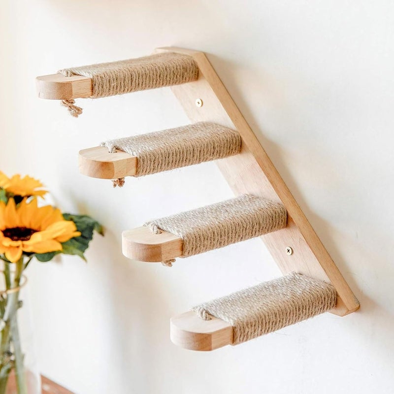 Naroote Cat Wall Shelves Sturdy Safe Solid Wood Kitten Climbing Shelf Space Saving Fun Stable Wall Mounted Four Step Cat Stairway with Hemp Rope Enhances Fun for Home Climb Play - Image 1
