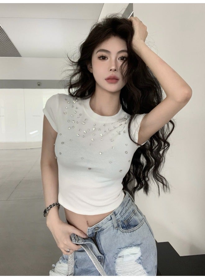 Diamond-Encrusted White Crop Top – Crewneck, Short Sleeves, Slim Fit