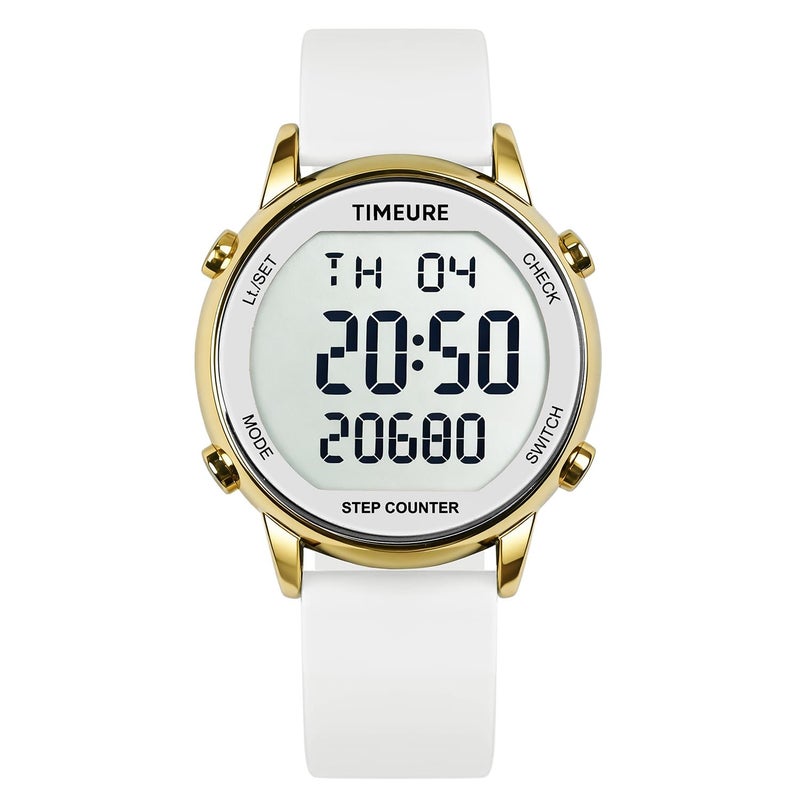 TIMEURE Pedometer Watch for Women, Step Counter for Walking No App/Phone Required Step Counter, Waterproof Fitness Calorie Tracker, Distance Tracking, Alarm, Large Digital Display, TU-2509 (White) - Image 1