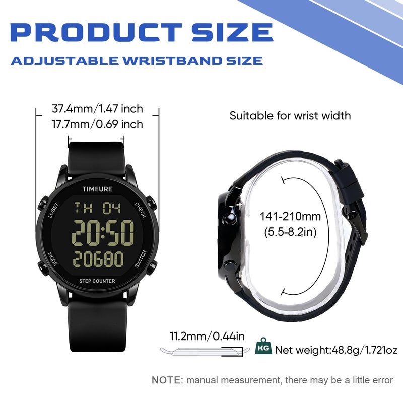 TIMEURE Pedometer Watch for Women, Step Counter for Walking No App/Phone Required Step Counter, Waterproof Fitness Calorie Tracker, Distance Tracking, Alarm, Large Digital Display, TU-2509 (White) - Image 4