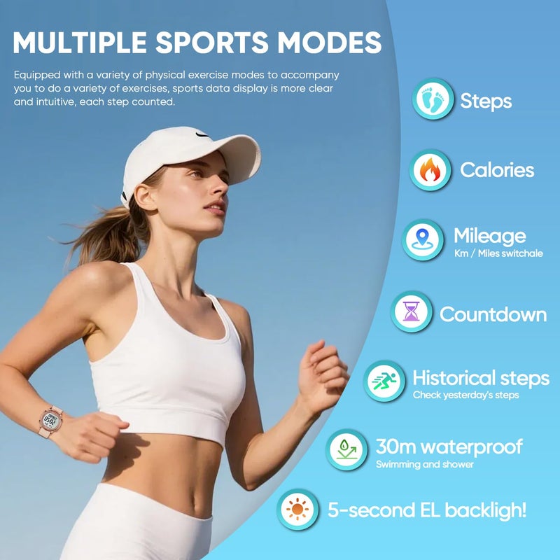 TIMEURE Pedometer Watch for Women, Step Counter for Walking No App/Phone Required Step Counter, Waterproof Fitness Calorie Tracker, Distance Tracking, Alarm, Large Digital Display, TU-2509 (White) - Image 2