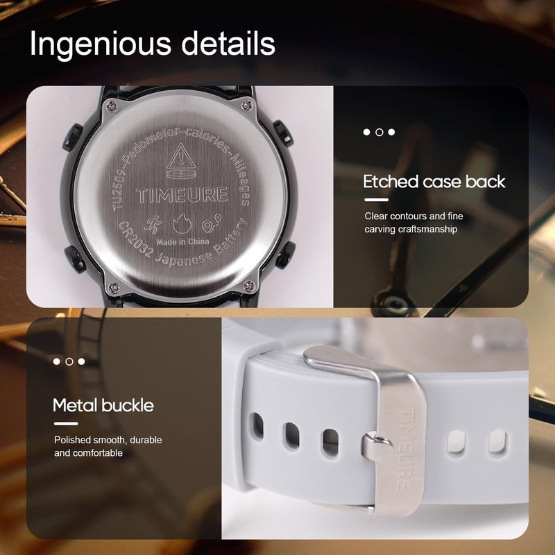 TIMEURE Pedometer Watch for Women, Step Counter for Walking No App/Phone Required Step Counter, Waterproof Fitness Calorie Tracker, Distance Tracking, Alarm, Large Digital Display, TU-2509 (White) - Image 5