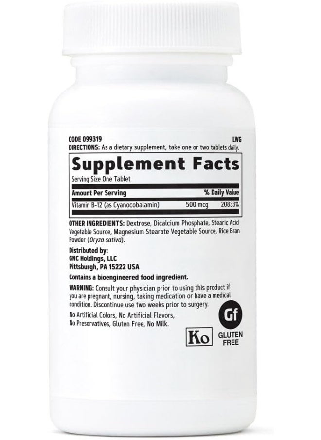 GNC Vitamin B-12 500Mcg, 100 Tablets, Supports Energy Production  - Image 2