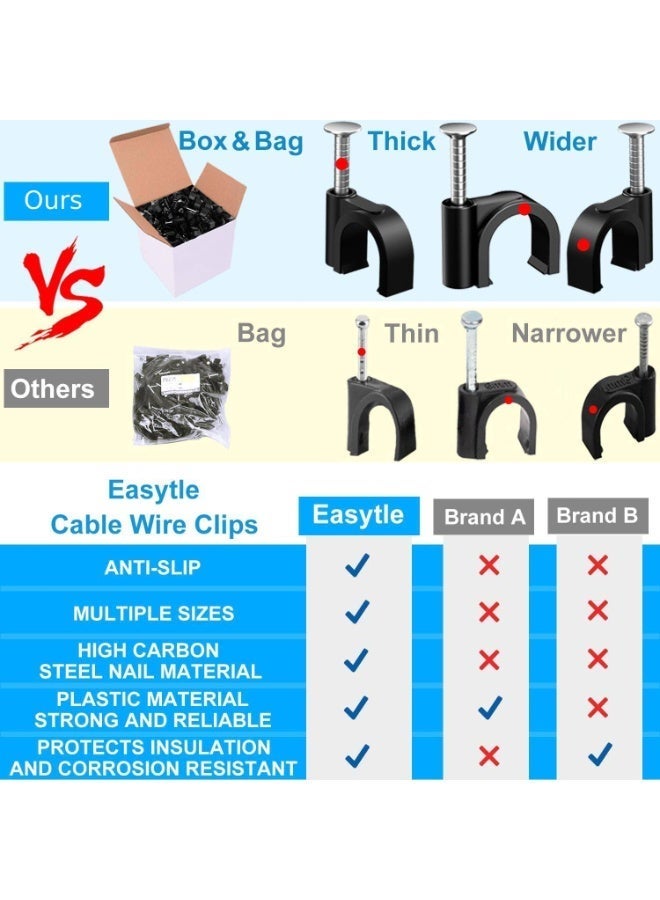 400pcs Black Cable Clips With Steel Nails - 4/6/8/10mm Wire Clamps for Cords, Ethernet, Coaxial - Tacks and Nail Clamps - Image 4