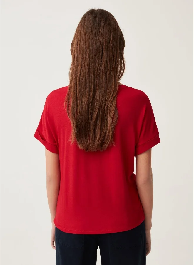 Ovs Ovs Stretch Viscose  T-Shirt With Round Neck