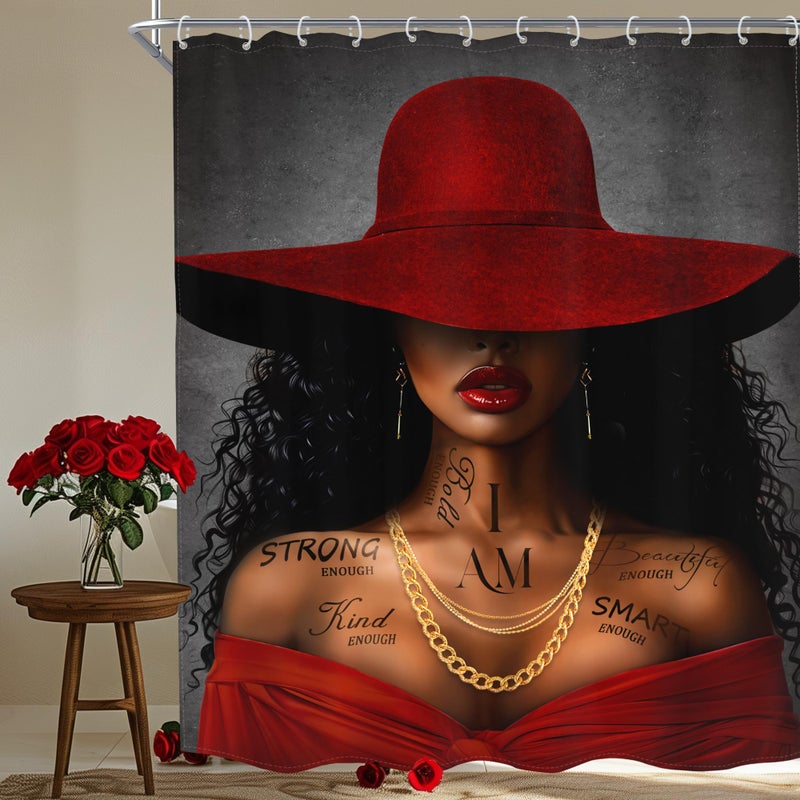 MESHELLY Mishelly Red Black Girl Startain 60wx72h African American American Inspirations Quotes Surtain Stain Black Woman Startain Mashing Hat Afro Moder - Image 1