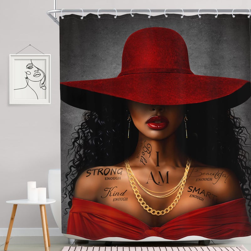 MESHELLY Mishelly Red Black Girl Startain 60wx72h African American American Inspirations Quotes Surtain Stain Black Woman Startain Mashing Hat Afro Moder - Image 2