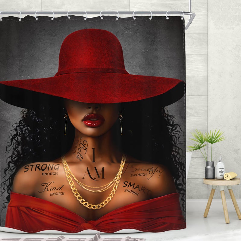 MESHELLY Mishelly Red Black Girl Startain 60wx72h African American American Inspirations Quotes Surtain Stain Black Woman Startain Mashing Hat Afro Moder - Image 3