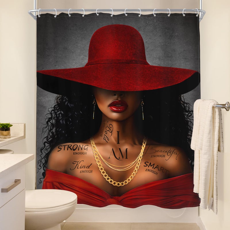 MESHELLY Mishelly Red Black Girl Startain 60wx72h African American American Inspirations Quotes Surtain Stain Black Woman Startain Mashing Hat Afro Moder - Image 4