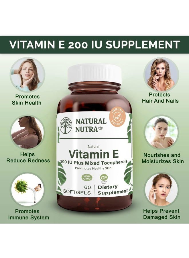 Natural Nutra Vitamin E 200 IU Supplement for Skin, Hair and Nails, Promote Heart Health, Helps Reduce Redness, Helps to Prevent Skin Texture, Promoted Immune System, Gluten Free, 60 Softgels - Image 3